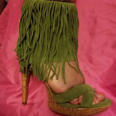 Green Hulk Fringe Open Toe Party Heels, Fringe Open Toe Heels For Party, Spring Fringe Open Toe Heels, Party Heels With Fringe And Open Toe, Party Fringe Open Toe Heels, Spring Fringe Sandals With Round Toe, Casual Fringe Open Toe Sandals, Spring Open Toe Fringe Sandals, Green Suede Sandals For Party