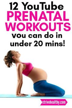 a pregnant woman doing yoga poses with the words, 12 youtubeble prenatal workouts you can do in under 20 mins