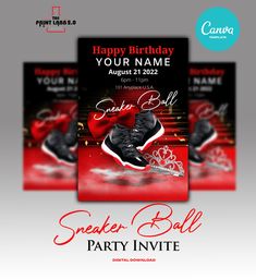 a flyer for a sneaker ball party in red and black with an image of a pair of sneakers