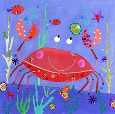 a painting of a red crab surrounded by seaweed and other marine life on a purple background