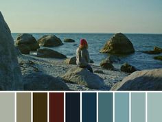 a person sitting on rocks near the ocean with color swatches in front of them