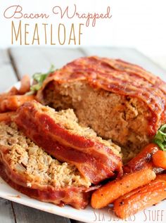 bacon wrapped meatloaf on a plate with carrots