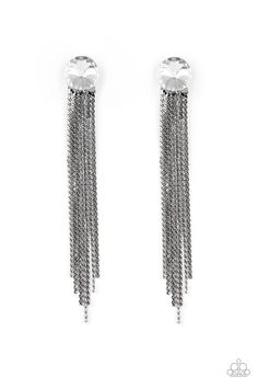 Flat gunmetal chains stream from the bottom of a solitaire white gem, creating a dramatically tapered fringe. Earring attaches to a standard post fitting.

Sold as one pair of post earrings. Tapered Fringe, Live Text, Fringe Earring, Chain Fringe, Paparazzi Accessories, White Rhinestone, Black Chain, Black Earrings, Paparazzi Jewelry