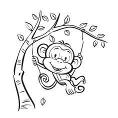 Cute playful monkey on swing (free printable PDF black-and-white line drawing idea suitable for all, from beginners to advanced learners, including children, teens, adults, and seniors) Baby Elephants Playing, Cute Drawing Ideas, Kitten Cuddle, Cottage Illustration, Elephants Playing, Kitten Drawing, Doodle Icon, Cute Drawing