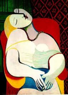 a painting of a woman sitting in a chair with her hands on her chest and arms crossed