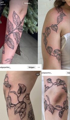 four different images of tattoos on the arm and leg, one with leaves growing out of it