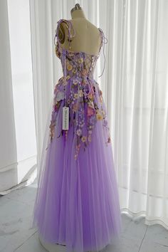 MissJophiel Embroidery Floral Corset Midi Dress with Removable Straps Rapunzel Wedding Dress, Tangled Dress, فستان زهري, Lilac Prom Dresses, Corset Maxi Dress, Corset Midi Dress, Straps Dress, Senior Prom Dresses, Floral Corset