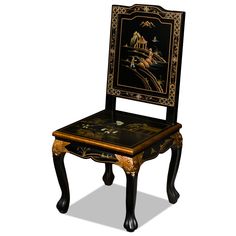 an antique chair with a painting on it's back and side paneled seat