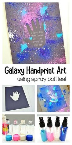 galaxy handprint art using spray paint and glitter for kids to use on the walls