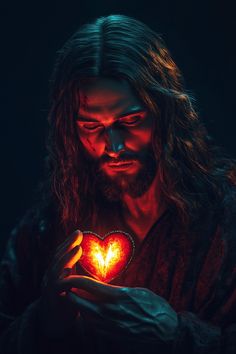 a man with long hair holding a heart in his hands