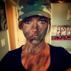 GI Jane. Army girl. Halloween. USA. Was proud of the way I did my paint makeup Army Girl Costume Makeup, Army Girl Makeup Halloween, Halloween Army Makeup, Army Makeup Halloween, Army Costume Women Diy, Camo Makeup Look, Gi Jane Costume, Camo Face Paint Ideas, Army Face Paint