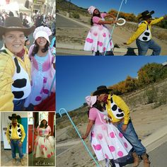 several pictures of people dressed up in costumes and holding umbrellas, one man is wearing a cowgirl costume while the other woman wears a cowboy hat