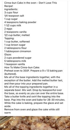 the recipe for cinnamon buns is shown in two separate sections, with instructions on how to bake them