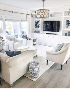 a living room filled with furniture and a flat screen tv mounted on the wall above it