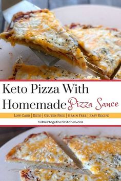 the keto pizza with homemade pizza sauce is cut into slices on a white plate