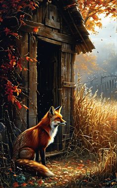 a painting of a red fox sitting in front of a small cabin with autumn leaves on the ground