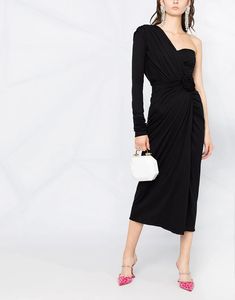 Experience effortless elegance with Dolce & Gabbana's One Shoulder Draped Midi Dress. Its asymmetrical silhouette offers on-trend style a unique look and feel, perfect for standing out in crowd. Constructed an eye-catching one-shoulder design, this jet black dress is sure to make statement.