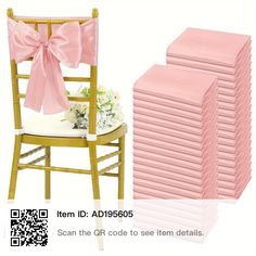 a stack of pink chairs next to a pile of white flowers on top of each chair