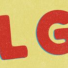 the letters lg are red and blue in color on a light yellow paper background