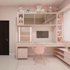 a room with pink furniture and teddy bears on the shelves above it, along with a computer desk