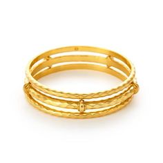 Topped with five shiny raised vertical bands, this richly contoured bangle is the perfect upgrade to a classic style.  - 24K gold plate - Sizes small and medium Plain Gold Bangles, Classic Bangles, Julie Vos, Stackable Bangles, Stacked Bangles, Gold Bangle Bracelet, Gold Bangle, Plate Size, Gold Design