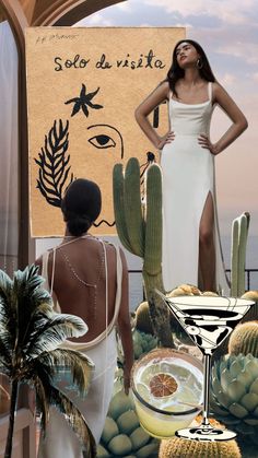 a woman standing in front of a sign next to a cactus and other tropical items