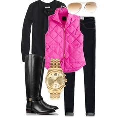 Hot pink, cream and black monogrammed quilted vests here: https://m.facebook.com/pages/Perfectly-Jane-monogrammed-gifts-jewelry-accessories/138487636335410?id=138487636335410&refsrc=https%3A%2F%2Fwww.facebook.com%2Fpages%2FPerfectly-Jane-monogrammed-gifts-jewelry-accessories%2F138487636335410 Pink Vest Outfit, Look Working Girl, Vest Outfit, Pink Quilts, Cute Fall Outfits, Type 4, Inspiration Mode