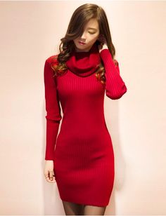 Red Long Sleeve Sweater Dress For Party, Red Fitted Sweater Dress For Party, Fitted Red Sweater Dress For Party, Elegant Red Sweater Dress For Party, Chic Red Mini Sweater Dress, Winter Knee-length Solid Color Bodycon Dress, Casual Solid Color Winter Bodycon Dress, Red Bodycon Mini Dress For Winter, Chic Red Fitted Sweater Dress