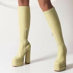 Up For Sale Is A Great Pair Of Boots! Brand: Vivianly Style: Platform, Stretch, Side Zipper Size: 9 Color: Light Green Heel Height: 6" Shaft Height (From Arch To Top Of Boot): 19" Upper Material: Faux Leather Inventory: 7843gr-Cl Sabrina Concert, Under The Knee Boots, White High Heel Shoes, Womens Thigh High Boots, Knee High Platform Boots, Red Leather Boots, Trending Heels, Chunky Ankle Boots, Platform Chelsea Boots