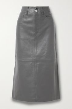 GOLDSIGN re-imagines its 'The Low Slung' midi skirt in dark-gray leather that's just as versatile as its denim versions and well suited for the colder months ahead. It has a classic five-pocket construction and turns to reveal a back split for ease of movement. Wear yours with the season's knee boots. Gray Leather Boots, Perfect Winter Outfit, Oversized Wool Coat, Winter Outfits Warm, Chic Winter Outfits, Leather Midi Skirt, Winter Capsule Wardrobe, Dark Jeans, Denim Midi Skirt