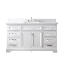 a white bathroom vanity with two sinks and drawers on the top, in front of a white background