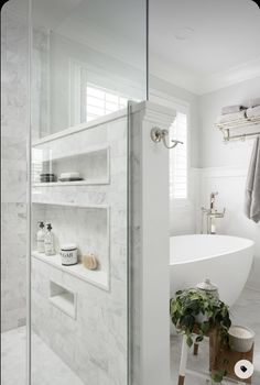 a bath room with a stand up shower and a tub next to a window in it