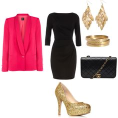 a woman in a black dress and pink blazer with gold accessories on her feet