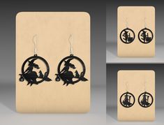 the earrings are designed to look like witch's silhouettes in black on wood