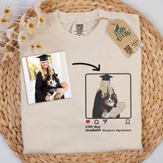 a t - shirt with an image of a dog and graduation cap on the front