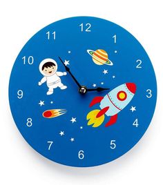 a blue clock with an astronaut and rocket on it