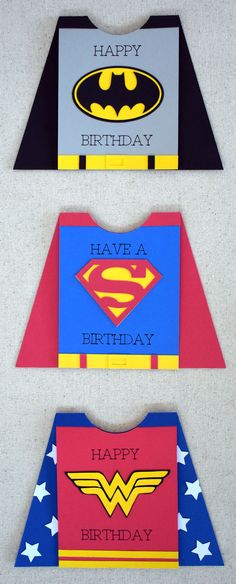 three birthday cards with the words happy birthday written on each one and batman's cape