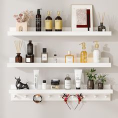 the shelves are filled with different types of skin care products and personal care items on them