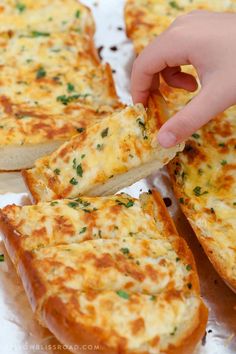 a person cutting into slices of cheese pizza