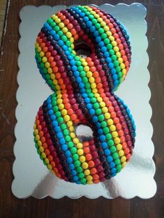 a multicolored number eight cake on a white plate