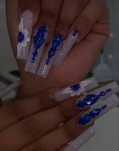 Stones Nails, Blue And Silver Nails, Prom Nails Silver, Royal Blue Nails, Long Acrylic Nail Designs, Blue Acrylic Nails, Nails Design With Rhinestones