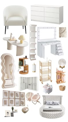 a collage of white furniture and accessories