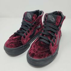 Vans Sk8 Hi Zip Skateboard Shoes Maroon Velvet High Top Youth Kids Size 12. Good condition Minimal outsole wear No box Burgundy Vans, Long Sleeve Backless Dress, Vans Sk8 Hi, Vans Sk8, Red Suede, Cool Jackets, High Tops, Skateboard, Velvet