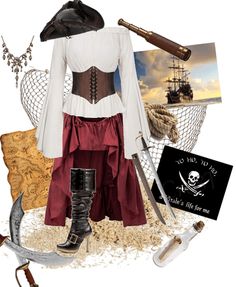 there is a pirate costume and accessories on this page to describe what it looks like