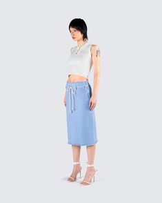 Simple, but chic 👏 Pairing an ivory sweater pattern top with a blue column midi denim skirt - this fit is the perfect casual everyday look to dress up or down 💙 Chic Knee-length Denim Skirt For Summer, Trendy Midi-length Denim Skirt For Spring, Trendy Midi Denim Skirt For Spring, Trendy Spring Denim Midi Skirt, Spring Knee-length Denim Skirt, Spring Knee-length Denim Skirt For Day Out, Chic Knee-length Denim Blue Skirt, Trendy Midi Length Denim Skirt, Chic Denim Blue Knee-length Skirt