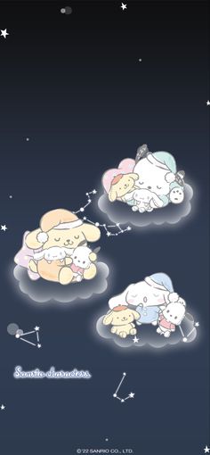 three cartoon sheep are sleeping in the sky with stars around them, and one is holding an umbrella