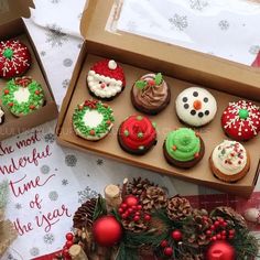 christmas cupcakes are displayed in boxes on a table