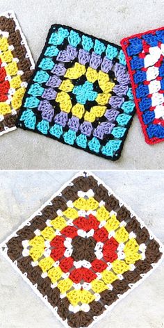 crocheted squares are arranged in different colors