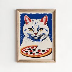 a painting of a cat eating pizza on a white wall next to a blue background