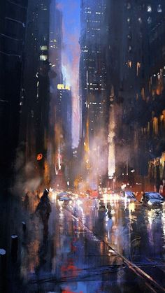 a painting of a city street at night with cars and people walking on the sidewalk